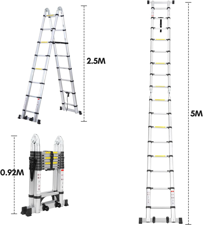 Wolketon 5M Teleskopleiter Klappleiter 2.5M+2.5M Aluminium