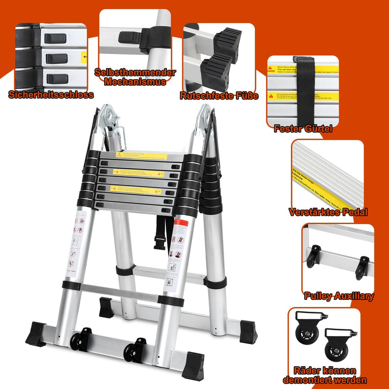 Wolketon 5M Teleskopleiter Klappleiter 2.5M+2.5M Aluminium