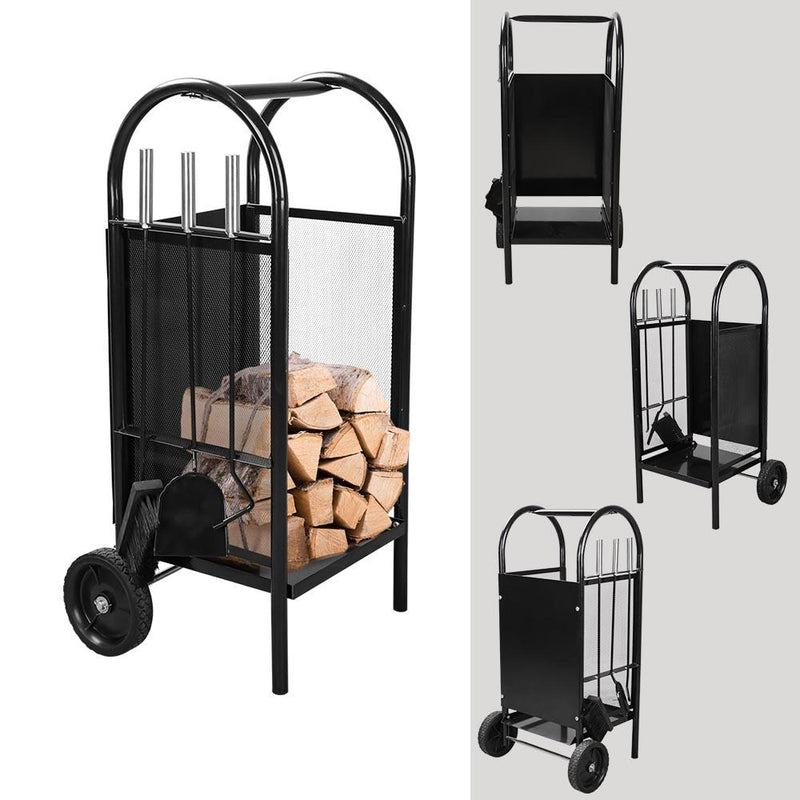 3-Teiliges Kaminholzwagen XL Schwarz 2 Räder edelstahl Trolley