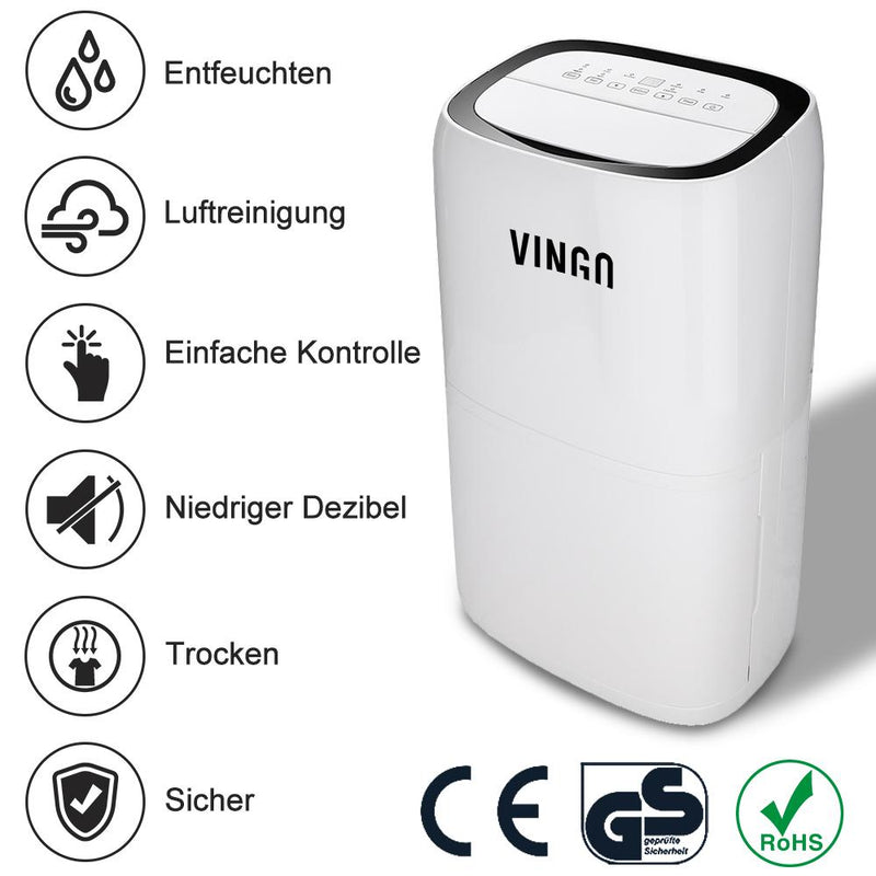 VINGO Luftentfeuchter - 20 L / Tag, 5,5L Behälter, bis 30 m², elektrisch,  Wäschetrocknung, Timer, Auto-Modus - Raumentfeuch Entfeuchtungsleistung: 20  L/Tag