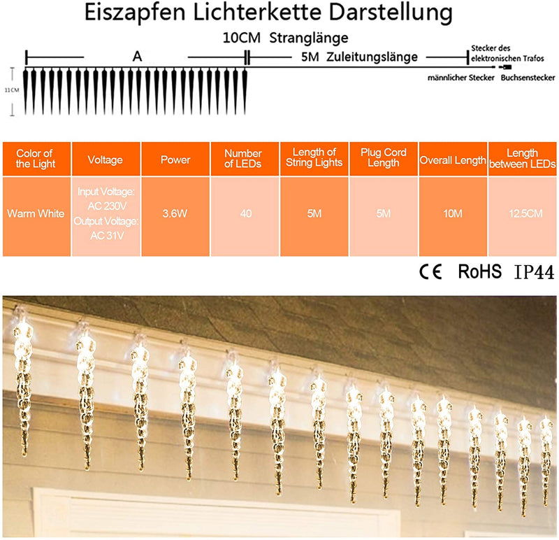 Wolketon 40 LED Eiszapfenkette 5m LED Lichterkette Warmweiß