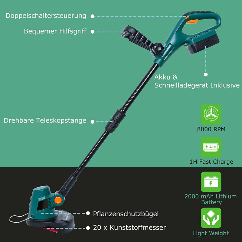 Wolketon Rasentrimmer inkl. Akku 20V Rasen Kantenschneider