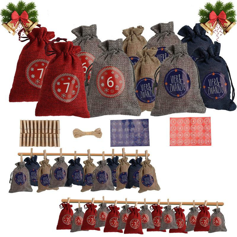 Wolketon Onlineshop Günstig Kaufen 24 Adventskalender zum Befüllen Stoffbeutel Weihnachten Geschenksäckchen mit Aufkleber Mini-Holzklammern Hanfseile Weihnachtskalender tüten Geschenkbeutel 22 x 15 cm